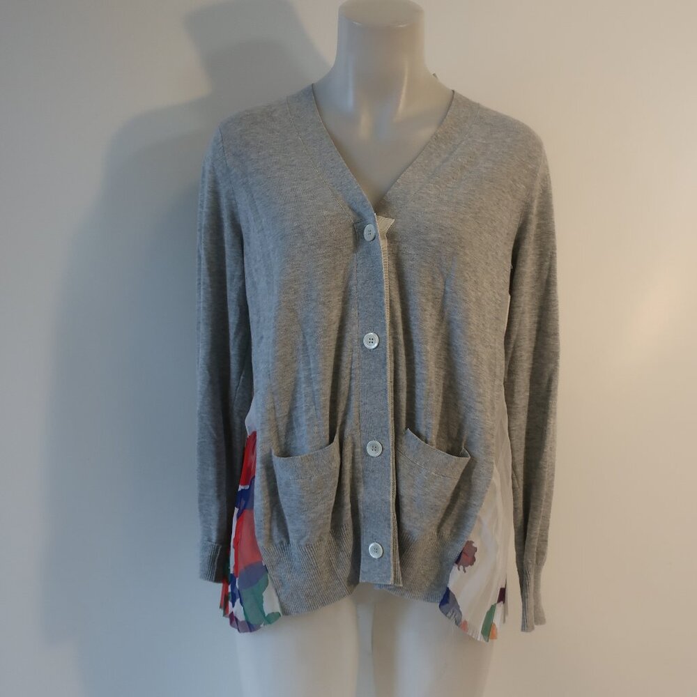 Women Sacai White Multicolor Floral Mixed Media Knit V-Neck Cardigan Sweater L - Picture 9 of 14